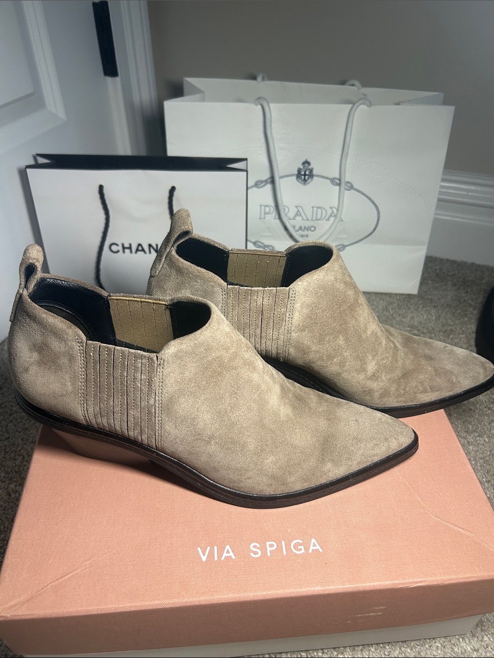 Via Spiga Taupe Suede Pointed Chelsea Booties